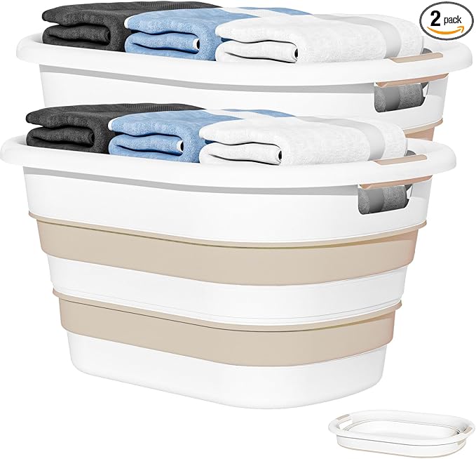 OOAMBB 43L(11.5Gallon) Collapsible Laundry Baskets plastic, Pop Up Laundry hamper/Storage Container, Foldable Laundry Basket with Large Capacity,Sturdy,Space Saver (Beige, 2 Packs)
