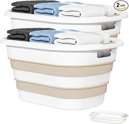 OOAMBB 43L(11.5Gallon) Collapsible Laundry Baskets plastic, Pop Up Laundry hamper/Storage Container, Foldable Laundry Basket with Large Capacity,Sturdy,Space Saver (Beige, 2 Packs)