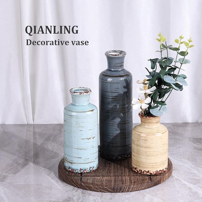 Ceramic Vase Set - 3 Small Flower Vases Home Decor, Modern Rustic Farmhouse Pottery Vases for Centerpieces, Living Room, Kitchen, Shelf, Bedroom, Bathroom, Fireplace, Table Shelf and Entryway Decor