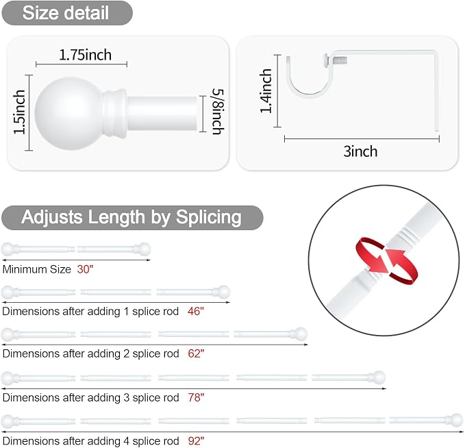 Thestoa Curtain Rods for Windows 48 to 84-92 Inch, White, Stainless Steel Rods for Bedroom, Living Room, Kitchen, Farmhouse, Outdoor