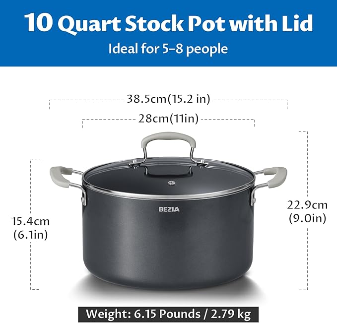 10 Quart Nonstick Stock Pot with Lid - BEZIA Ceramic Large Soup Pot, Big Pot with Silicone Handles, Easy Cleanup, Compatible with All Cooktops, Perfect for Roasts, Large Batches & Holiday Cooking