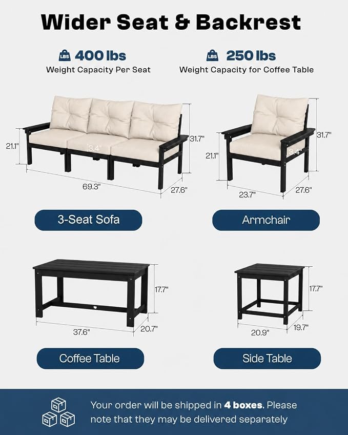 HDPE Outdoor Patio Furniture Set, 6-Piece Patio Conversation Sets with Coffee Table & Side Table & Beige Washable Thick Cushions, Outdoor Sofa for Balcony, Porch (Black Frame)