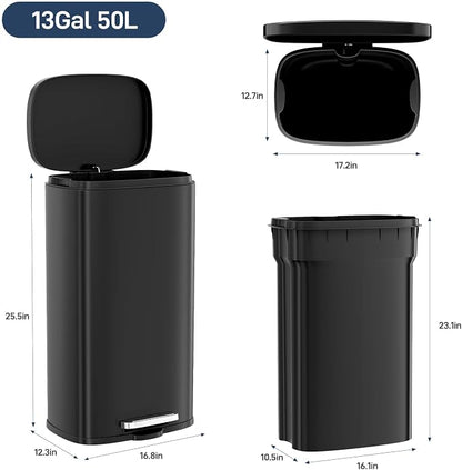 Arlopu13.2 Gallon Step Trash Can, Stainless Steel Garbage Bin, Soft-Close Rubbish Bin with Removable Plastic Inner Bucket, Fingerprint-Proof, Lid Dustbin, Suit for Kitchen Home (Black, 50L)