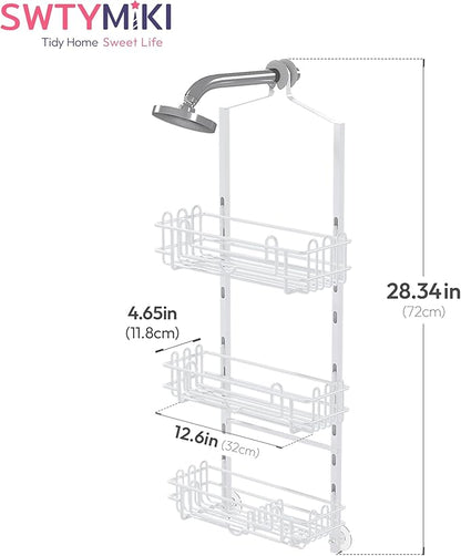 SWTYMIKI Shower Caddy Hanging Organizer - 3-Tier Rustproof Shower Organizer Over Showerhead with Adjustable Baskets, 24 Hooks, Soap & Razor Holder - No Drill Large Bathroom Storage Rack, White