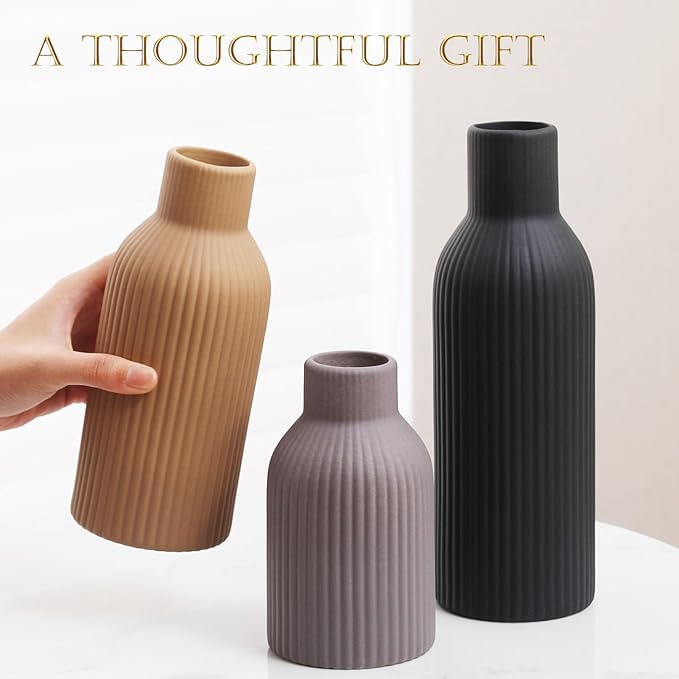Ceramic Vase Set of 3 - Handcrafted Ceramic Vases for Home Decor & Shelf - Modern Farmhouse Decor for Kitchen, Office, Bedroom & Living Room Decorative Objects for Mantel, Table Centerpieces
