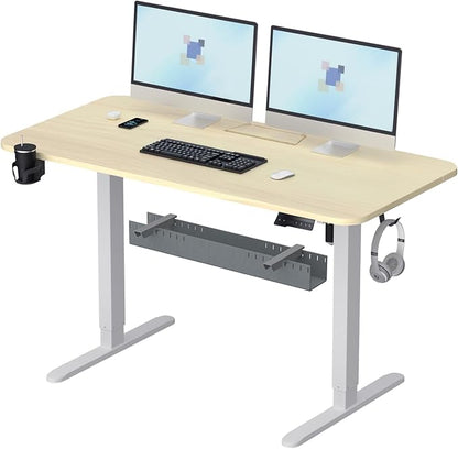 Electric Standing Desk With Cable Management Tray,55x24 Inch Adjustable Height Sit Stand Desk,With Memory Presets & Anti-Collision Computer Desk For Office,Home,Light Wood Top&White Frame