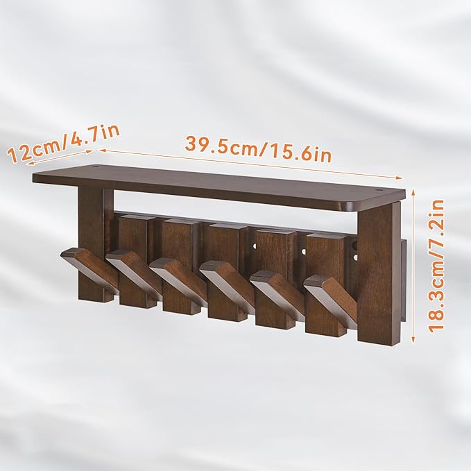 YMYNY Coat Rack Wall Mount with Shelf, Wall Shelf with Retractable Hooks, Wooden Wall Coat Rack for Entryway, Bedroom for Hanging Clothes/Coats/Keys/Hats/Towels/Bags, Walnut, HWS008H