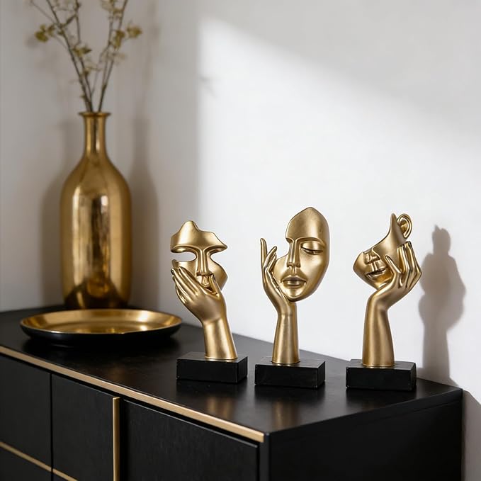 oliruim 3 Pcs Thinker Small Statue Set - Black Gold Home Decor Abstract Art Figurines for Shelves, Living Room Coffee Table, Office Desktop (3 Pcs Gold, 6")