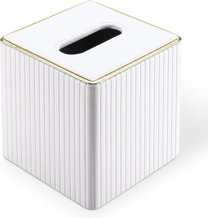 KINGFOM Tissue Box Cover, PU Leather Square Tissue Box Holder for Kleenexs with Magnetic Bottom Cover for Facial Tissues/Napkins, Office & Living Room Decor Box White