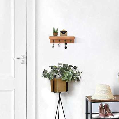 Rustic Key Holder for Wall, Farmhouse Wall Shelf with 4 Hooks, Wall Mounted Key Racks, Wooden Mail Organizer with Hooks for Entryway (Brown - Oak)