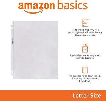 Amazon Basics Sheet Protectors for 3 Ring Binder, Heavyweight, Acid-Free, Top Loading, Polypropylene, 8.5 x 11 Inch, 500-Pack, Clear