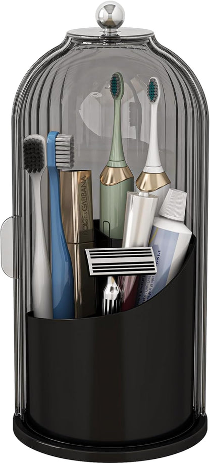 Toothbrush and Toothpaste Holders with Cover, Grey Black | Waterproof and Dustproof, 360° Rotating Base, Smooth Sliding Door, 3 Slots, for Bathroom Countertop