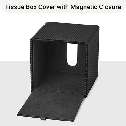 Mkono Tissue Box Cover PU Leather Square Tissue Box Holder with Bottom, Decorative Facial Cube Organizer for Bedroom Bathroom Dresser Vanity Countertop Night Stands Home Office Desk (Black)