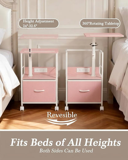 Faesun Swivel Lift Top Nightstand with Charging Station, Rolling Side Table for Recliner, Bedside Table with Wheels & a Fabric Drawer, for Small Spaces, for Bedroom, Living Room, Pink
