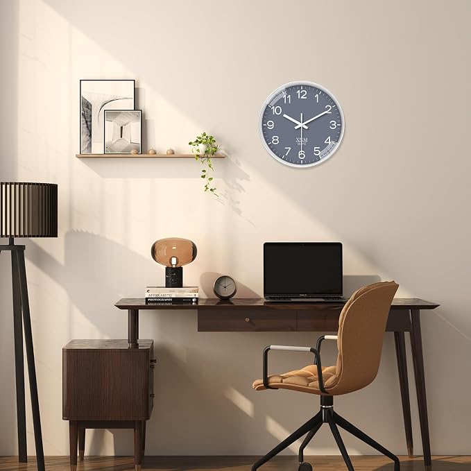 XNM 12 Inch Grey Modern Minimalist Wall Clocks Battery Operated Silent Non Ticking Classic Analog Clock for Living Room Bedroom Decor