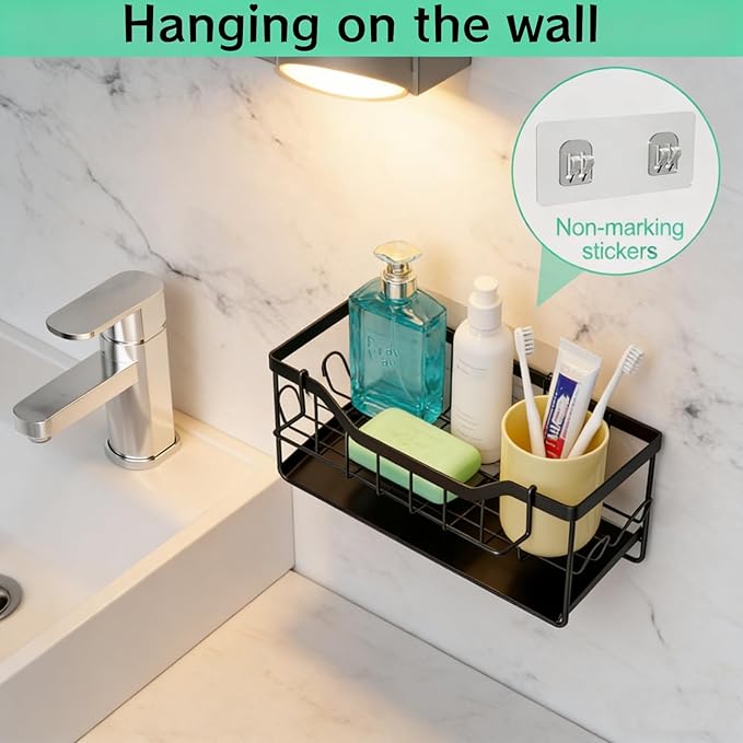 SWILLE Sponge Holder for Kitchen Sink - Sink Caddy Organizer with Auto Drain Tray, Detachable Towel Rack, Stainless Steel Kitchen Counter Organizer Rack, Black