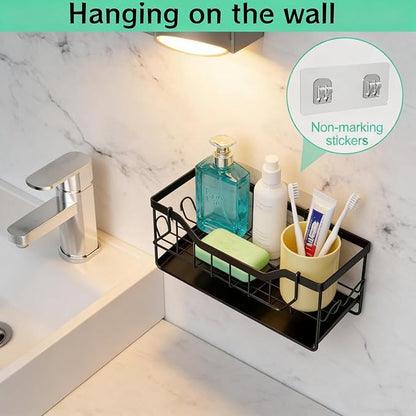 SWILLE Sponge Holder for Kitchen Sink - Sink Caddy Organizer with Auto Drain Tray, Detachable Towel Rack, Stainless Steel Kitchen Counter Organizer Rack, Black