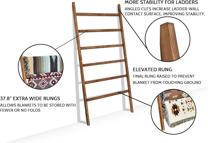 FUIN Extra Wide 6.4ft Wooden Blanket Ladder Living Room Decorative Wal Leaning Farmhouse Quilt Display Holder Rustic Wood Towel Rack for Bathroom, Brown, 38 inch Wide