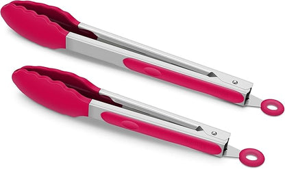 2 Pack Silicone Kitchen Tongs – 9" & 12" Set, Heat Resistant up to 500°F, Non‑Stick Cookware Safe, Wavy Silicone Tips, BPA Free, Locking Clip & Hanging Loop, Wine Red