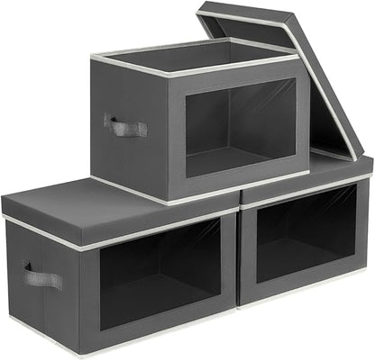 Homsorout Stackable Storage Bins with Lids - Large Storage Box with Lids, Foldable Closet Boxes for Organizing, Wardrobe Clothes Organizer with Window, Cubes Bins for Living Room, 3 Pack, Dark Grey