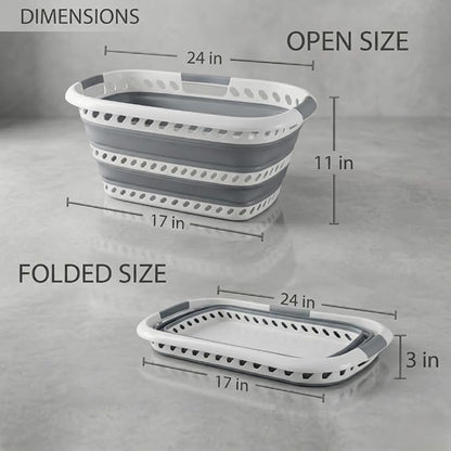 Laundry 360 Collapsible Laundry Basket 40L | Portable | Space Saver Storage | Hold 2 Loads | Store Under the Bed or Closet | Good for Kids | Dorm | Bedroom | Large | White/Grey
