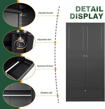 Letaya Wardrobe Closet,72" H Clothing Metal Storage Cabinet with Storage Drawer Adjustable Shelves and Hanging Rod,Bedroom Armoire Cabinet Clothes Organizer (Black) | Storage Drawer, Adjustable Shelves, Hanging Rod, Armoire Cabinet, Clothes Organizer