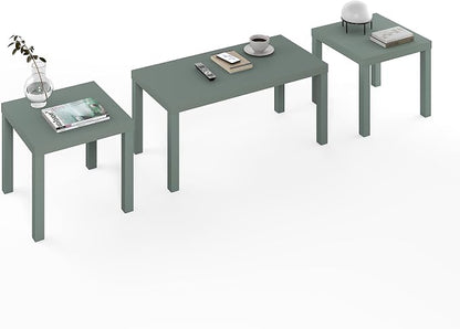 Furinno Classic Living Room Table Set of 3, Modern Rectangle Coffee Table with 2 Square Side Tables, End Tables, 1.8 Inch Thick Tabletop for Living Room, Home Office, Sage Green