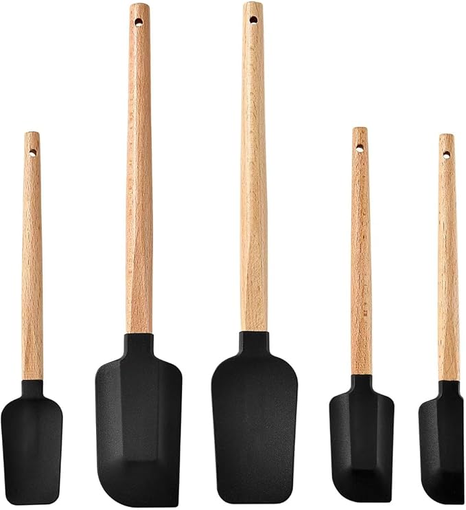 2016 New Year Healthy Cooking, 5 Pieces Silicone Scraper Set - Non-Stick Kitchen Scraper Tools, Heat Resistant up to 600°F, Food Grade Baking Utensils, for Cooking, Stirring, Piping - Black