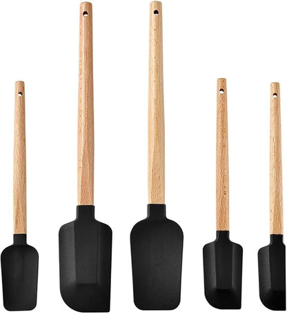 2016 New Year Healthy Cooking, 5 Pieces Silicone Scraper Set - Non-Stick Kitchen Scraper Tools, Heat Resistant up to 600°F, Food Grade Baking Utensils, for Cooking, Stirring, Piping - Black