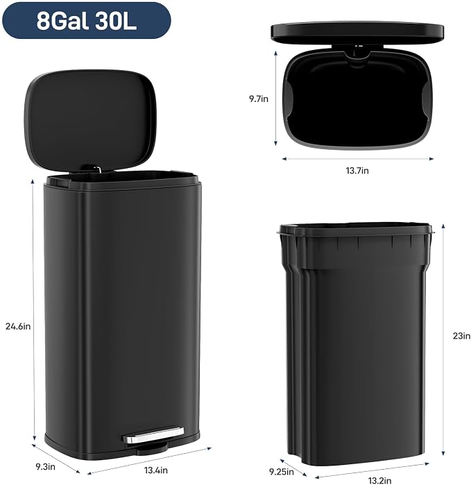 Arlopu 8 Gallon Step Trash Can, Stainless Steel Garbage Bin, Soft-Close Rubbish Bin with Removable Plastic Inner Bucket, Fingerprint-Proof, Lid Dustbin, Suit for Kitchen Home (Black, 30L)