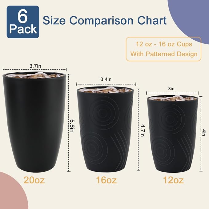 Wheat Straw Cups Sets of 6, Plastic Cups Reusable, Drinking Cup for Kitchen, Small Kids Cup, Unbreakable Water Cup, Dishwasher Safe Plastic Glasses for Kitchen, Camping, School (Black)