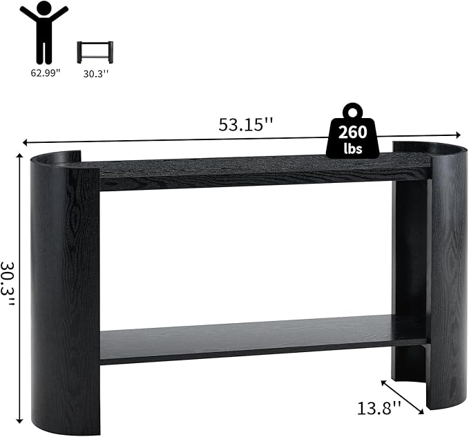53" Console Table for Entryway, Narrow Sofa Entrance Table with Faux Mars Marble Pattern, Modern Sofa Tables with Storage Shelf for Living Room, Hallway, Foyer, Home Office, Black
