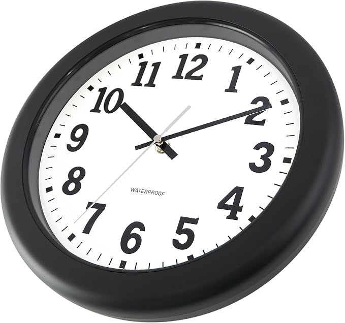 Caysie 12 Inch Sealed Indoor Outdoor Clock Waterproof, Silent Battery Operated Weatherproof Wall Clocks for Pool Patio Outside Home (Black)