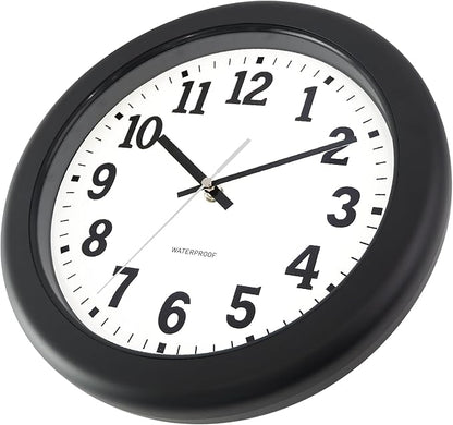 Caysie 12 Inch Sealed Indoor Outdoor Clock Waterproof, Silent Battery Operated Weatherproof Wall Clocks for Pool Patio Outside Home (Black)