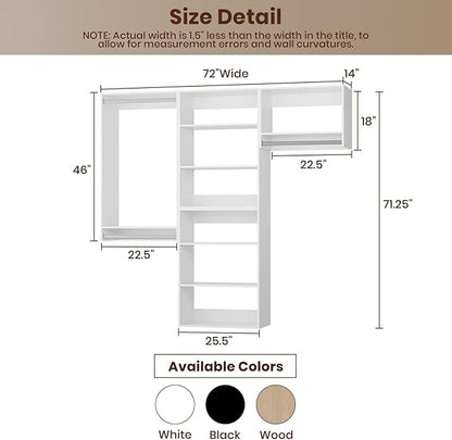 ROOMTEC Modular Closet System, 72" Wall-Mounted Closet Organizer with Hanging Rods, Modern Wooden Tower for Walk-In Closets, Wardrobe Storage Kit, White