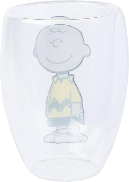 Silver Buffalo Peanuts 2 Piece Double Walled Glass Set Featuring Snoopy, Woodstock, and Charlie Brown, 12.5 Ounces