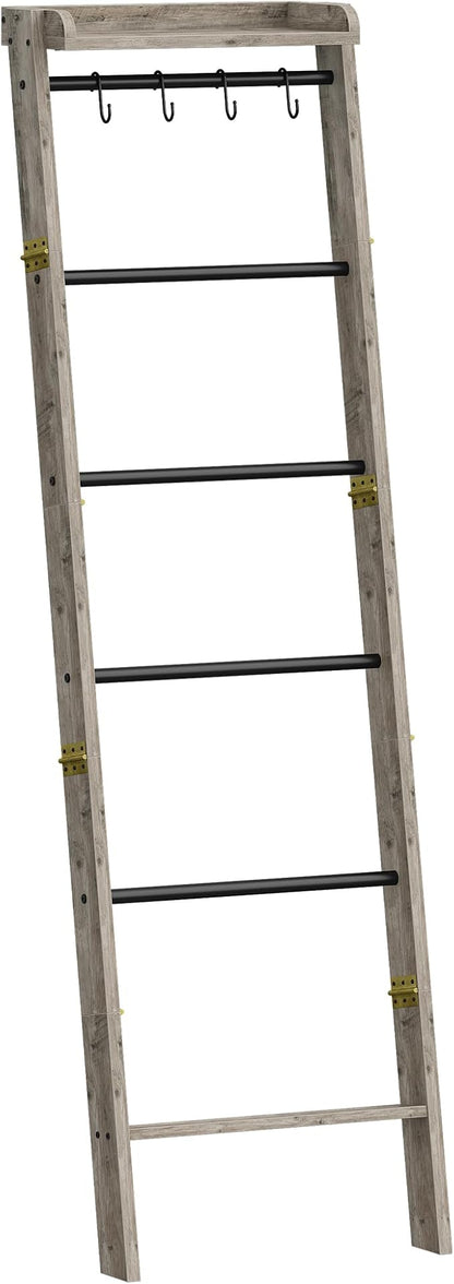 Hzuaneri Blanket Ladder Shelf, Decorative Quilt Rack, 7-Tier Farmhouse Ladder Holder Organizer with 4 Removable Hooks 7.9" D x 17.3" W x 66.9" H, Greige BR36805B