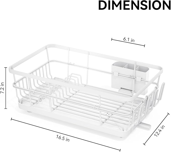 TOOLF Dish Drying Rack, Dish Racks for Kitchen Counter, Stainless Steel Sink Organization and Storage Essentials with Cutlery Holder, Dish Drainer, Home and Appartment Decor, 12.4''W x 16.5''L, White