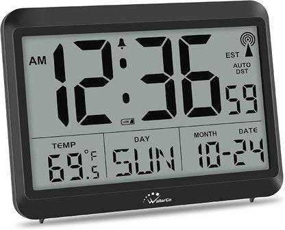 WallarGe Atomic Digital Wall Clock Battery Operated, Self-Setting, Large Display with Temperature, Date, Day of The Week, Silent Wall Mount Digital Clock, 4 Time Zones, DST