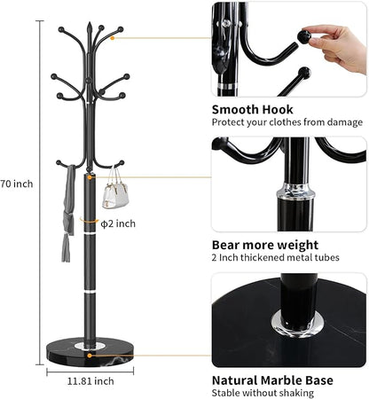 Metal Coat Rack Freestanding, Sturdy Coat Rack Stand with Natural Marble Base, Modern Black Coat Racks Tree Hats Hanger Holder Stand for Entryway, Hallway, Office(12 Hooks)