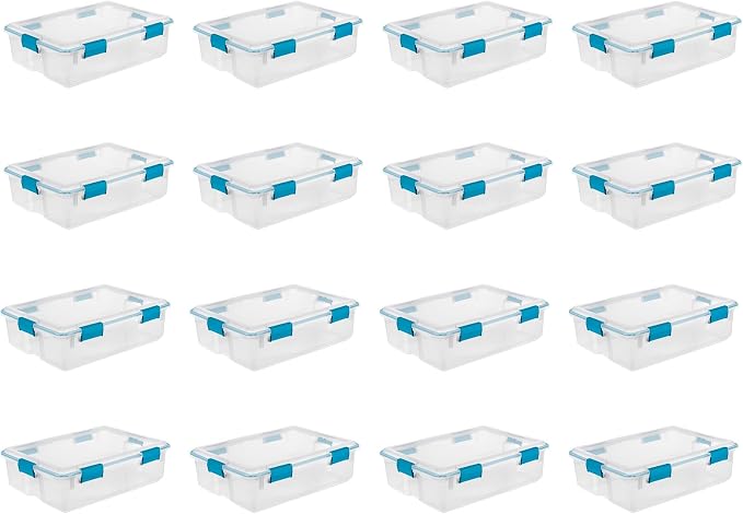 Sterilite 16-Pack Gasket Box, Weather-Resistant Storage Bins with Latching Lids, 37 Quart - Heavy-Duty Organizing Containers for Closet, Bathroom, and Office