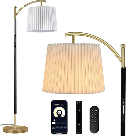 Etto Modern Dimmable Floor Lamp with Fabric & Pleated Shades, Remote & Touch Control, Adjustable Brightness & Color Temperatures, Tall Standing Lamp for Living Room Bedroom Office (Black Gold)