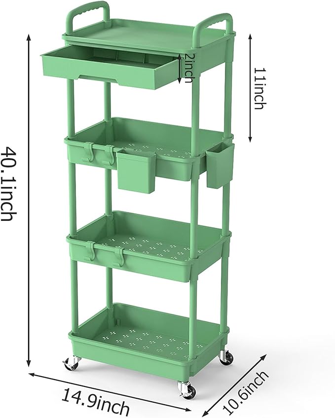 LLMRR 4 Tier Rolling Utility Cart with Drawer, Plastic Storage Organizer Rolling Carts with Wheels Handles Hanging Cups Hooks for Office, Bathroom, Kitchen,Craft Art Room (Green)