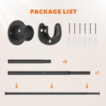 Long Closet Rod 17-87 Inches, Adjustable Heavy Duty Black Metal Closet Rods for Hanging Clothes, 1.3 Inch Diameter with Wall Brackets for Wardrobes, Laundry Room