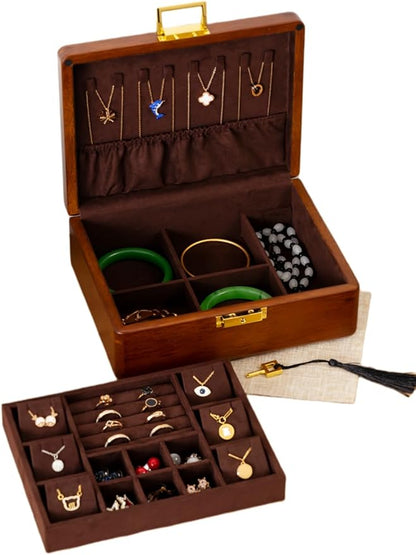 Solid Walnut Wood Jewelry Box with Lock,2 Layer Velvet Wood Jewelry Organizer Storage Lined for Earrings Rings Necklaces Bracelets Cufflink Gift Idea for Men Women, Vintage Brown