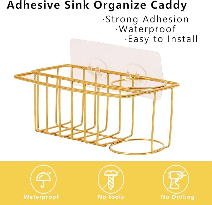 blueden 3-in-1 Adhesive Sink Caddy Kitchen Sink Organizer,Stainless Steel Sponge and Brush Holder for Kitchen Sink,Suitable for Sponges,Dish Cloth,Scrubbers, Soap, Kitchen, Bathroom.Gold