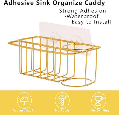 blueden 3-in-1 Adhesive Sink Caddy Kitchen Sink Organizer,Stainless Steel Sponge and Brush Holder for Kitchen Sink,Suitable for Sponges,Dish Cloth,Scrubbers, Soap, Kitchen, Bathroom.Gold