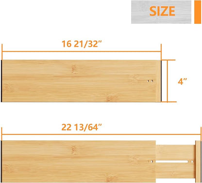 BAMEOS Bamboo Expandable Drawer Dividers – Fits 16.65"–22" Drawers, 4" Extra Deep Walls, Set of 4 | Maximum-Height Spring-Loaded Organizer for Deep Kitchen, Bathroom & Dresser Drawers