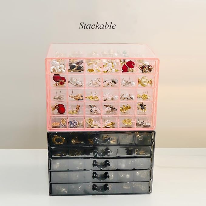 YUFONG Earring Storage Box Organizer, Acrylic Jewelry Storage Box Holder 5 Drawers Transparent Jewelry Display Stand with 120 Small Compartments Gift Boxes for Women Girls (Clear Pink)