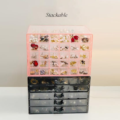 YUFONG Earring Storage Box Organizer, Acrylic Jewelry Storage Box Holder 5 Drawers Transparent Jewelry Display Stand with 120 Small Compartments Gift Boxes for Women Girls (Clear Black)